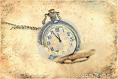 Clock showing five minutes to twelve. Time to stop and realize the values of life, old photo effect Stock Photo