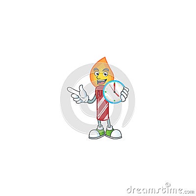 With clock smiling red stripes candle cartoon mascot style Vector Illustration