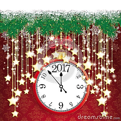 Clock 2017 Snow Fir Twigs Bokeh Golden Curtain Stars Vector Illustration