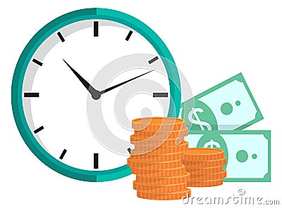 Clock with Coins and Dollars, Time is Money Vector Vector Illustration