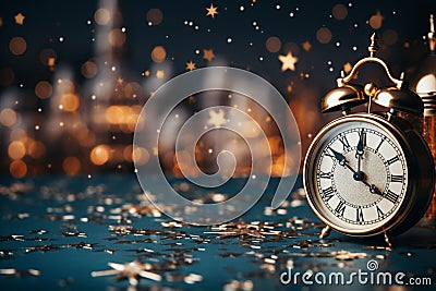 A Clock, stars and Balloon decoration for New Year celebration. Elegant design for New Year greeting card. Copy space, place for Stock Photo