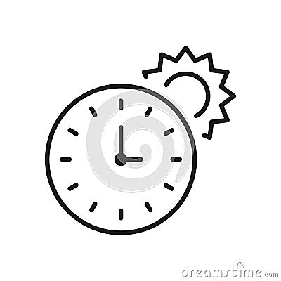 Clock and Sun Linear Pictogram. Summer Time Line Icon. Alarm for Sunbathing. Sunrise and Sunset Hours Sign. Morning Vector Illustration