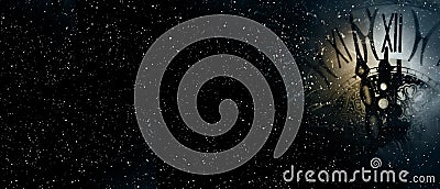 Clock time at the midnight starry sky Stock Photo