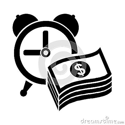 Clock (time symbol) with money in cash, dollar, piles, stacks of dollars banknotes, symbol of wealth, treasure, Vector Illustration