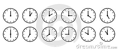 Clock or Timer vector icons set. Clock faces with arrows indicating different time Vector Illustration