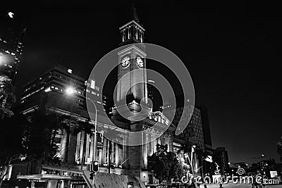 Clock tower building in city centre Brisbane on night, photo black and white Editorial Stock Photo