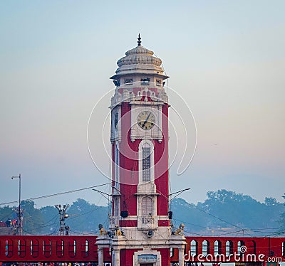 Clock tower during evening time near Ganga river in Haridwar India Stock Photo