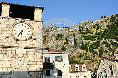 Clock tower an fortless at Kotor Stock Photo