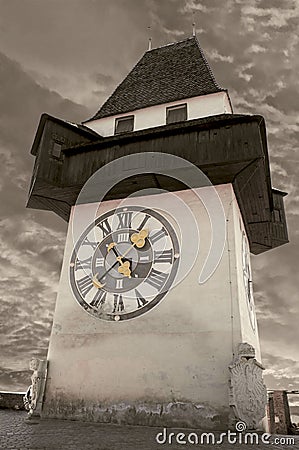 Clock Tower in Graz Stock Photo