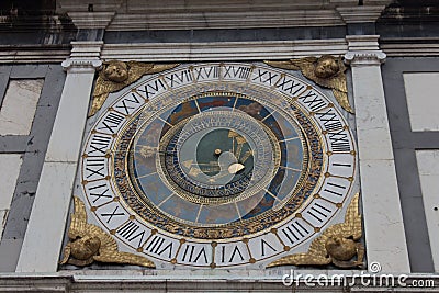 Clock tower with historical astronomical clock at Piazza Loggia, Brescia, Lombardy, Italy Editorial Stock Photo