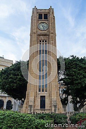 Clock tower in the middle of Nejmeh Square, next to the parliament in Downtown Beirut Editorial Stock Photo