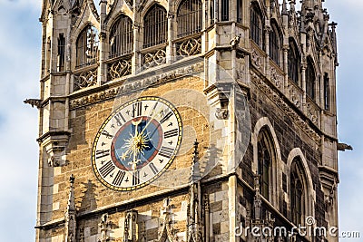 Clock Tower of New Town Hall or Rathaus on Marienplatz square closeup, Munich, Bavaria, Germany Stock Photo
