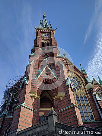 Clock tower of Oscar Fredriks Church, Gothenburg, Sweden. Editorial Stock Photo