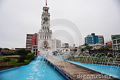 Clock tower of the Plaza Prat in Iquique, Chile with a blue and clear sky. Torre del Reloj Plaza Prat Iquique, Chile Editorial Stock Photo