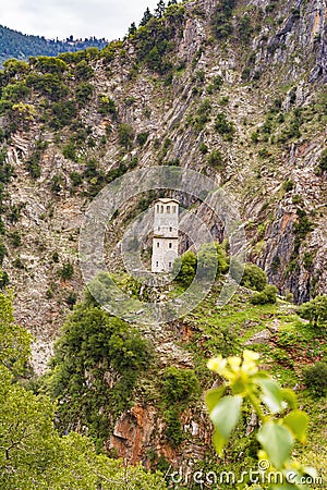 Clock tower at Proussos monastery near Karpenisi town in Evrytania - Greece Stock Photo