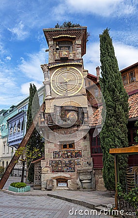 Clock Tower of puppet theater Rezo Gabriadze in historical center of old Tbilisi, Georgia Stock Photo