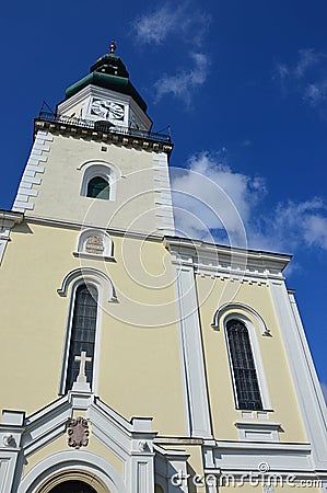 Clock tower and windows of Church of Saint Stephen The King in Modra, western Slovakia Stock Photo