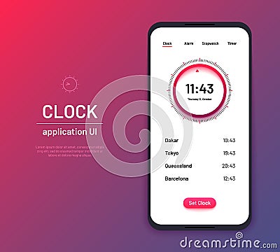 Clock ui. Time countdown interface kit. Modern clock screen phone application vector layout Vector Illustration