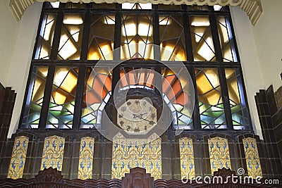 Clock with unusually shaped numbers in the Marine Building Vancouver BC Canada Stock Photo