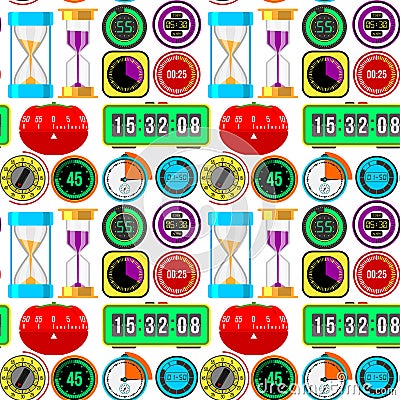 Clock watches vector timer colorful measurement tools number digital information stopwatch seamless pattern background Vector Illustration