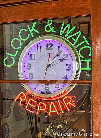 Clock and watch repair shop Stock Photo