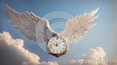 A clock with wings in the sky with clouds. The concept of the transience of time, time flies. AI generation Stock Photo