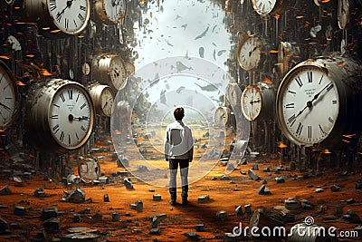 In the clock world. Man silhouette surrounded by clocks. Cartoon Illustration