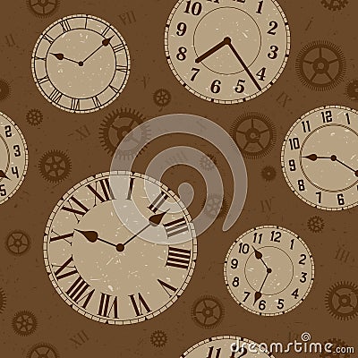 Clocks and gears vector distressed seamless pattern. Vector Illustration