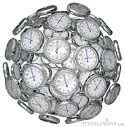 Clocks in Sphere Time Keeping Past Present Future Stock Photo