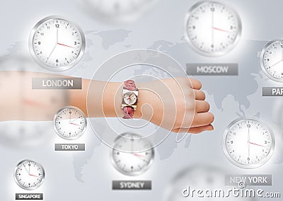 Clocks and time zones over the world concept Cartoon Illustration