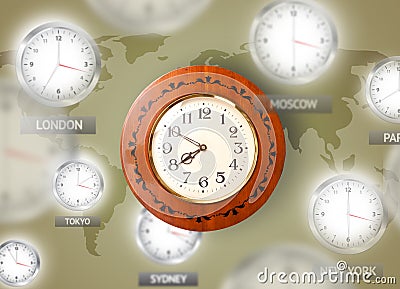 Clocks and time zones over the world concept Cartoon Illustration