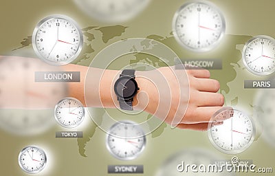 Clocks and time zones over the world concept Cartoon Illustration