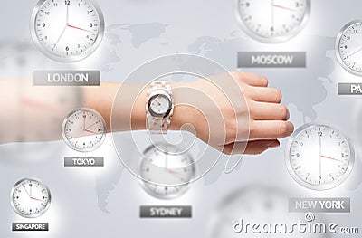 Clocks and time zones over the world concept Cartoon Illustration