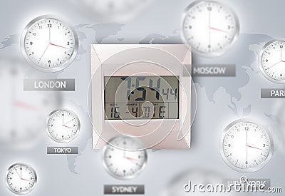 Clocks and time zones over the world concept Cartoon Illustration