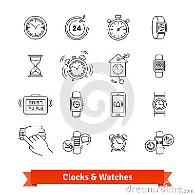 Clocks and Watches. Thin line art icons set Vector Illustration