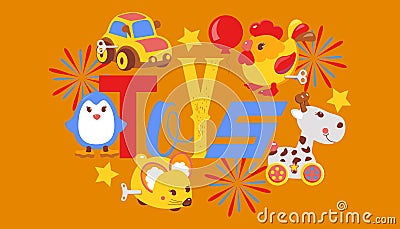 Clockwork bright mechanic children toys shop banner, brochure vector illustration. Mechanical windup cute gifts. Animals Vector Illustration