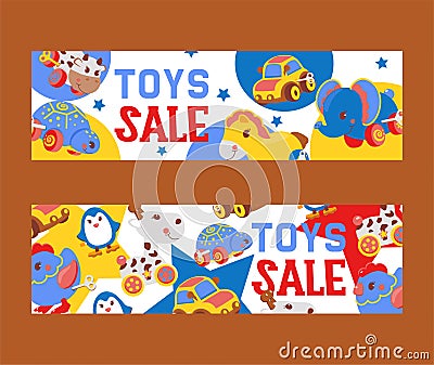 Clockwork bright mechanic children toys shop sale set of banners vector illustration. Mechanical windup cute gifts Vector Illustration