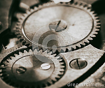 Clockwork gears wheels, close up view. Stock Photo