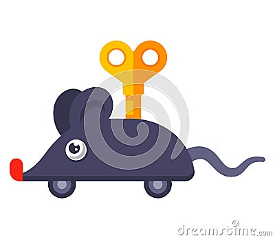 A clockwork gray mouse with a key on its back. Vector Illustration