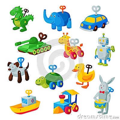 Clockwork toy key vector mechanic playroom toyshop mechanism for kids animal clock work car, train, robot illustration Vector Illustration