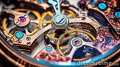 Clockwork watch mechanism macro lens, Clock mechanism with gears Stock Photo