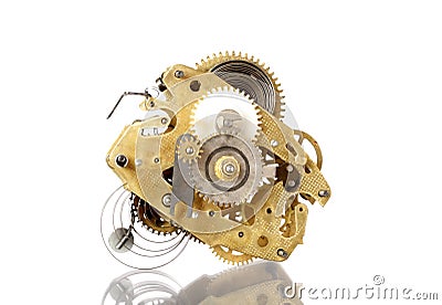 Clockworks mechanism of old vintage watch on white background wi Stock Photo