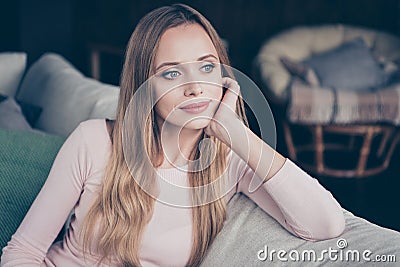 Cloesup photo portrait of optimistic sincere nice attractive she her lady having weekend vacation free time sitting on Stock Photo