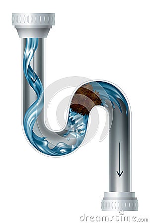 Clogged pipe drain and cleanser bottle. Canalization tube with water splash. Plumbing clog repair. Drain pipe clogged Vector Illustration