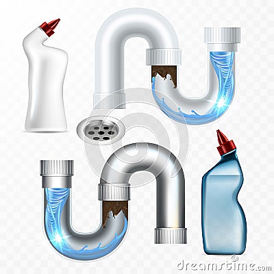 Clogged Pipe, Drain And Cleanser Bottle Set Vector Vector Illustration