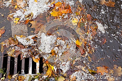 Clogged sewer blocks rainwater runoff Stock Photo