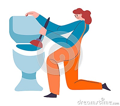 Plumber woman cleaning clogged toilet, vector Vector Illustration