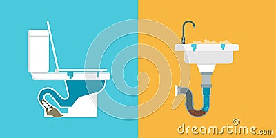 Clogged toilet and sink: drain problems Vector Illustration