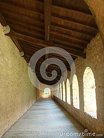 Corridor of the abbey of Fossanova in the Latium in Italy. Editorial Stock Photo