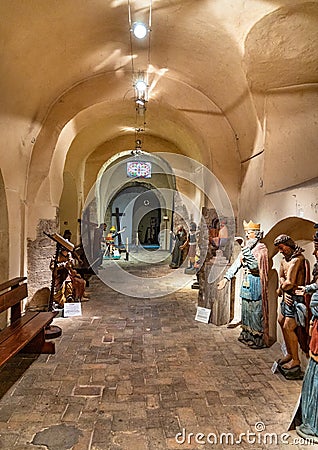 Cloisters with sacral exhibition in Our Lady of Nativity Cathedral Notre Dame de la Nativite in Vence historic town in France Editorial Stock Photo